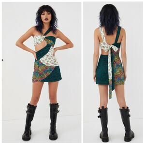 For Love & Lemons NWT Darlene Green Floral Colorblock Cut-Out Mini Dress Large